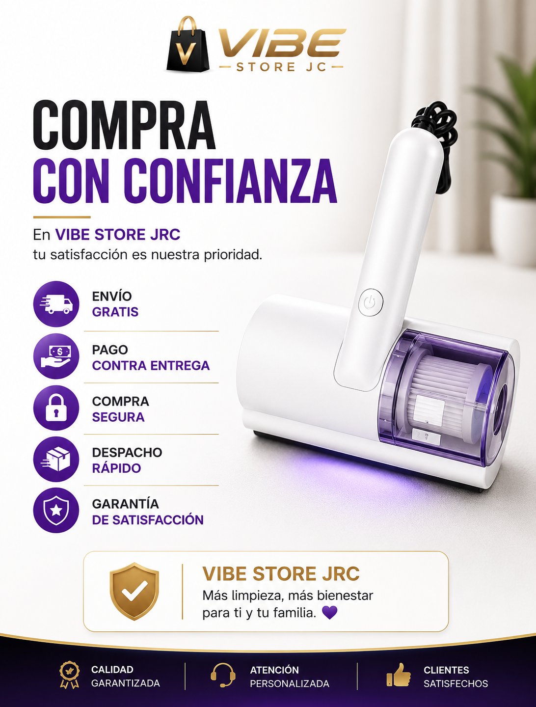 Aspiradora Antiácaros UV Recargable | Elimina Polvo, Ácaros y Cabello de Colchones y Sofás