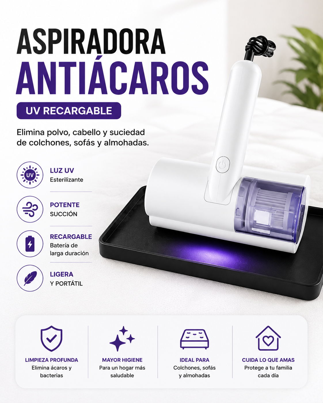Aspiradora Antiácaros UV Recargable | Elimina Polvo, Ácaros y Cabello de Colchones y Sofás