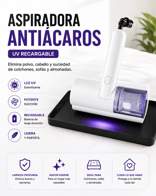 Aspiradora Antiácaros UV Recargable | Elimina Polvo, Ácaros y Cabello de Colchones y Sofás