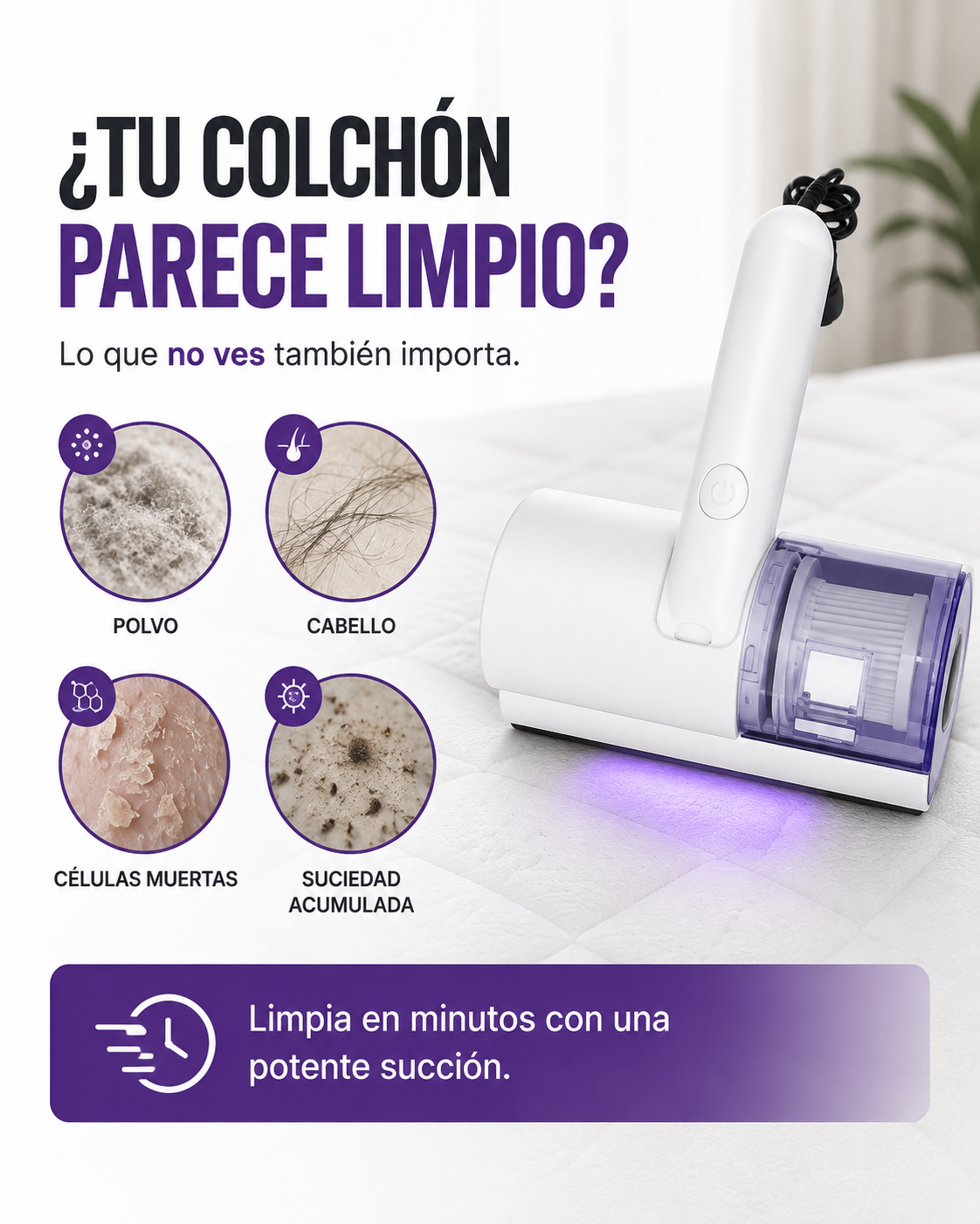 Aspiradora Antiácaros UV Recargable | Elimina Polvo, Ácaros y Cabello de Colchones y Sofás