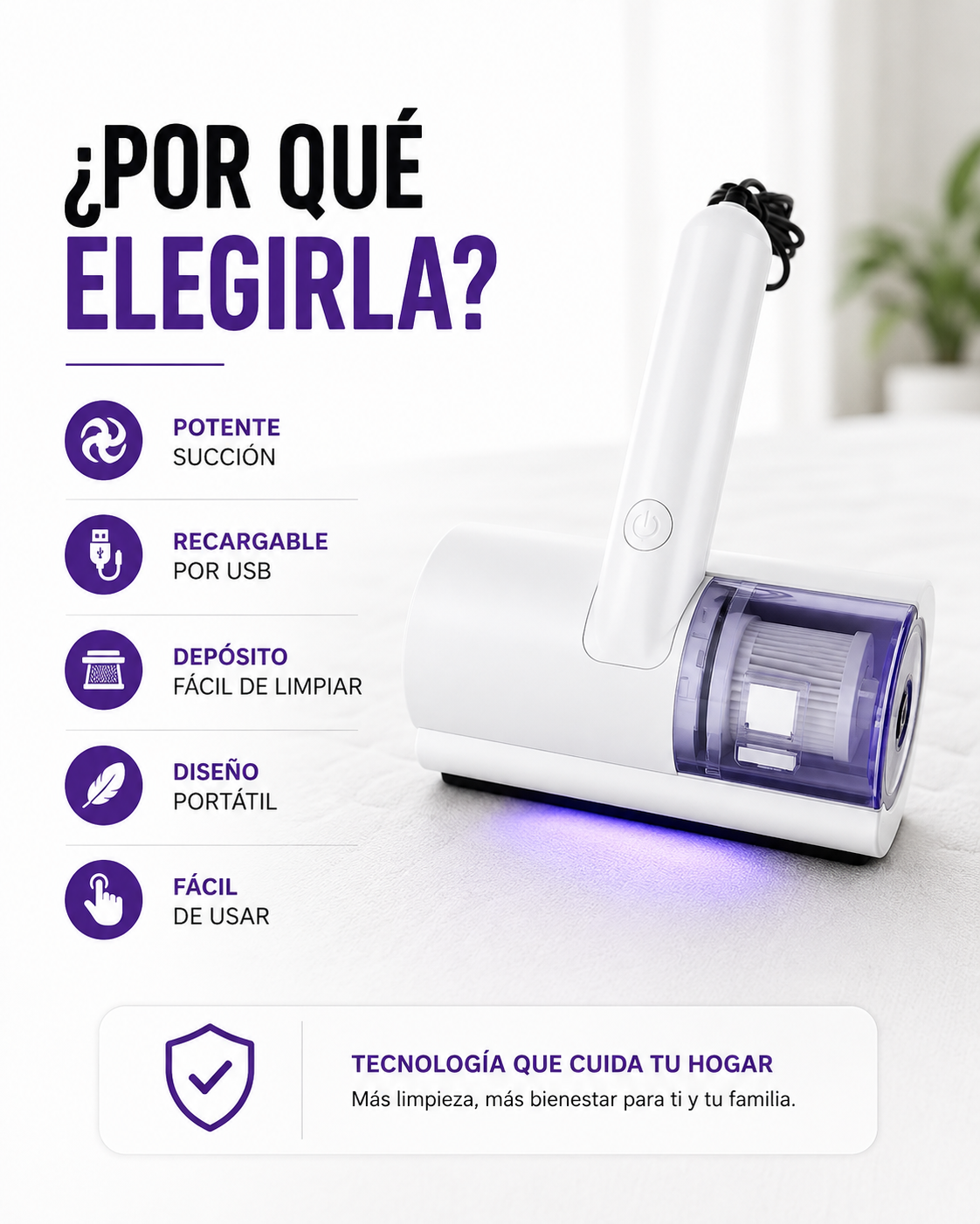Aspiradora Antiácaros UV Recargable | Elimina Polvo, Ácaros y Cabello de Colchones y Sofás