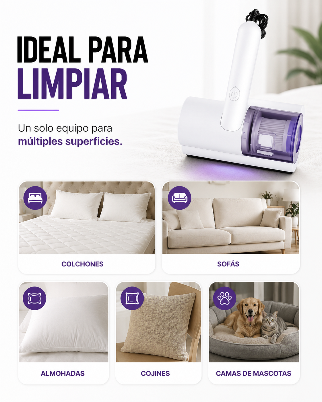 Aspiradora Antiácaros UV Recargable | Elimina Polvo, Ácaros y Cabello de Colchones y Sofás