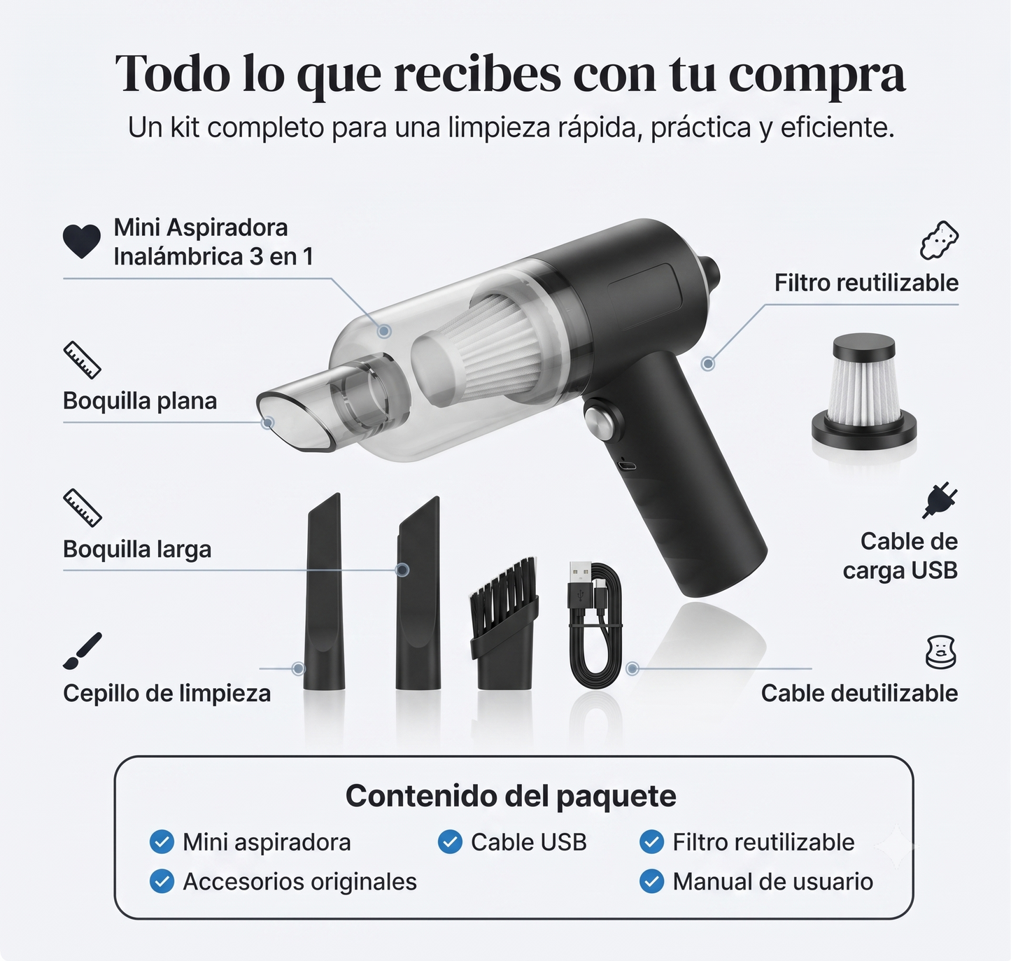 Mini Aspiradora Inalámbrica TurboVac™ 3 en 1 para Auto y Hogar