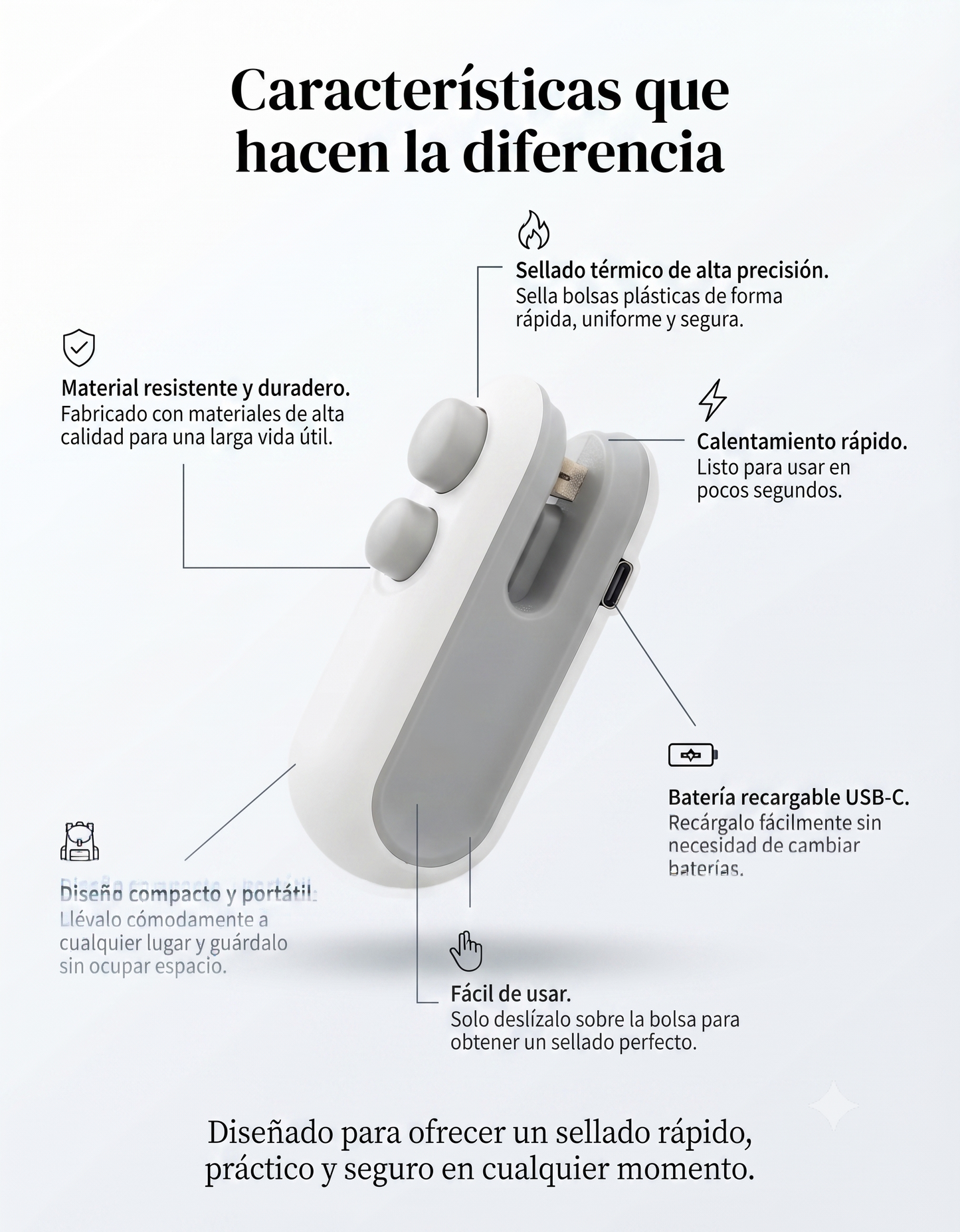 Mini Sellador de Bolsas Recargable USB 2 en 1 | Sella y Conserva tus Alimentos