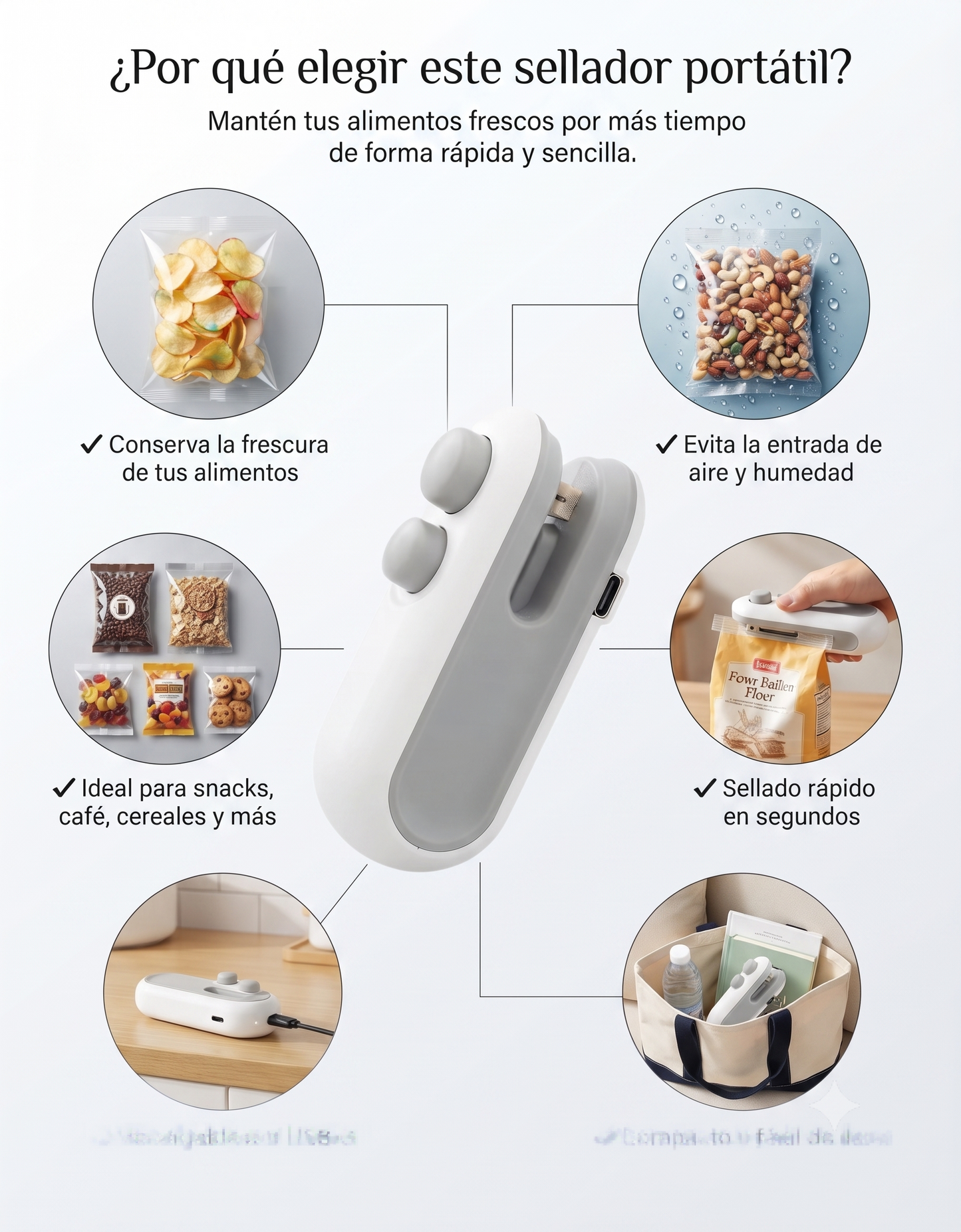 Mini Sellador de Bolsas Recargable USB 2 en 1 | Sella y Conserva tus Alimentos